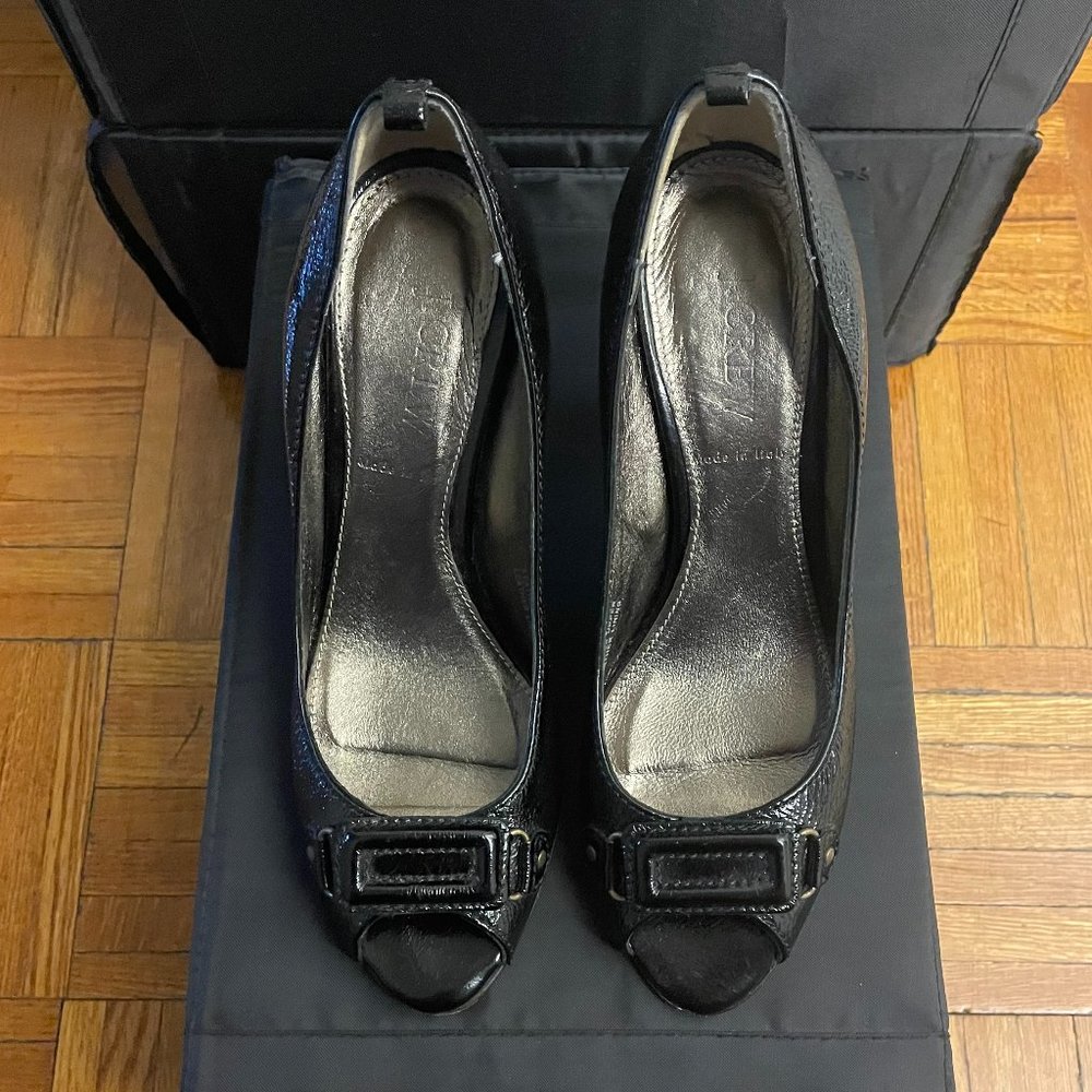 J.Crew Black Pebbled Patent Peep-toe Heels- Size 8